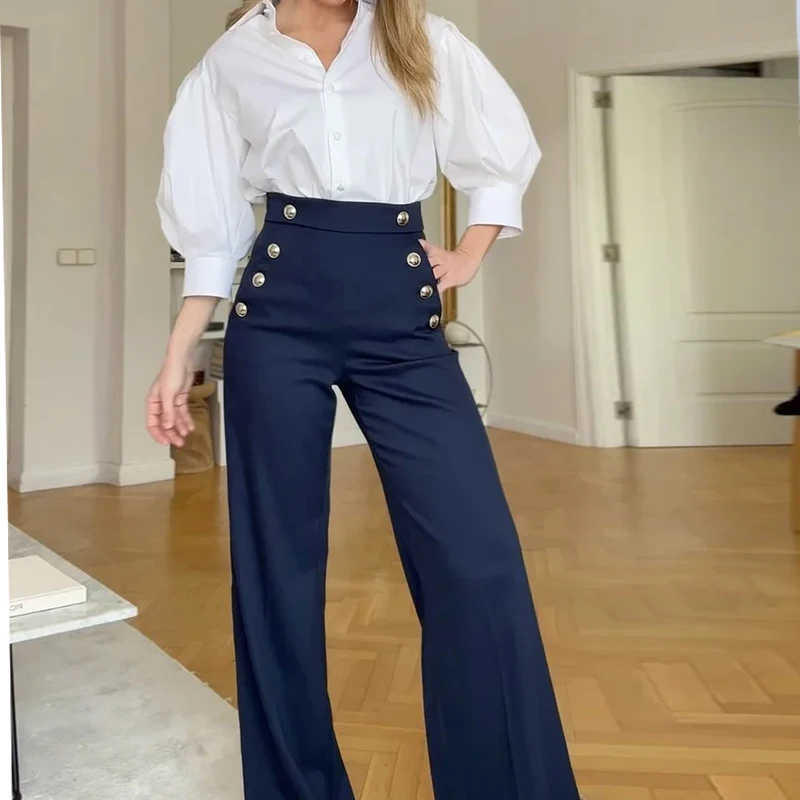 Wefads Two Piece Set Women Summer Casual Solid Lapel Long Puff Sleeve Single Breasted Top Button With Pocket Loose Pant Sets