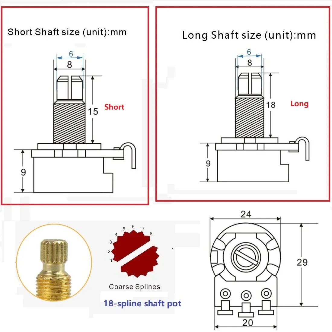 FLEOR 4PCS Golden Guitar Potentiometers A500K B500K Pots Long Shaft 18-spline Guitar Parts