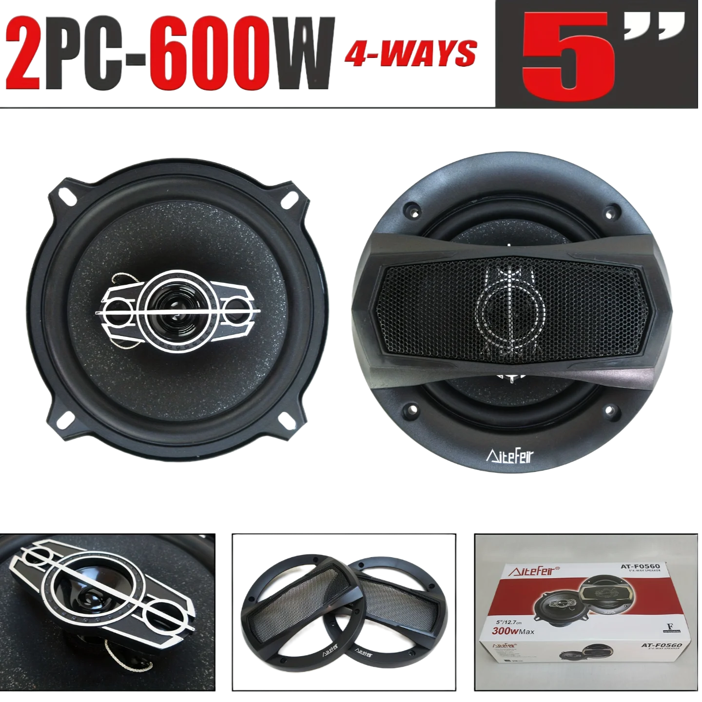 2 Pcs 5 Inch 4-Way Coaxial Car Speakers 300W Max Power Full Range Audio System For Car Auto Stereo Loudspeaker Upgrade AT-F0560