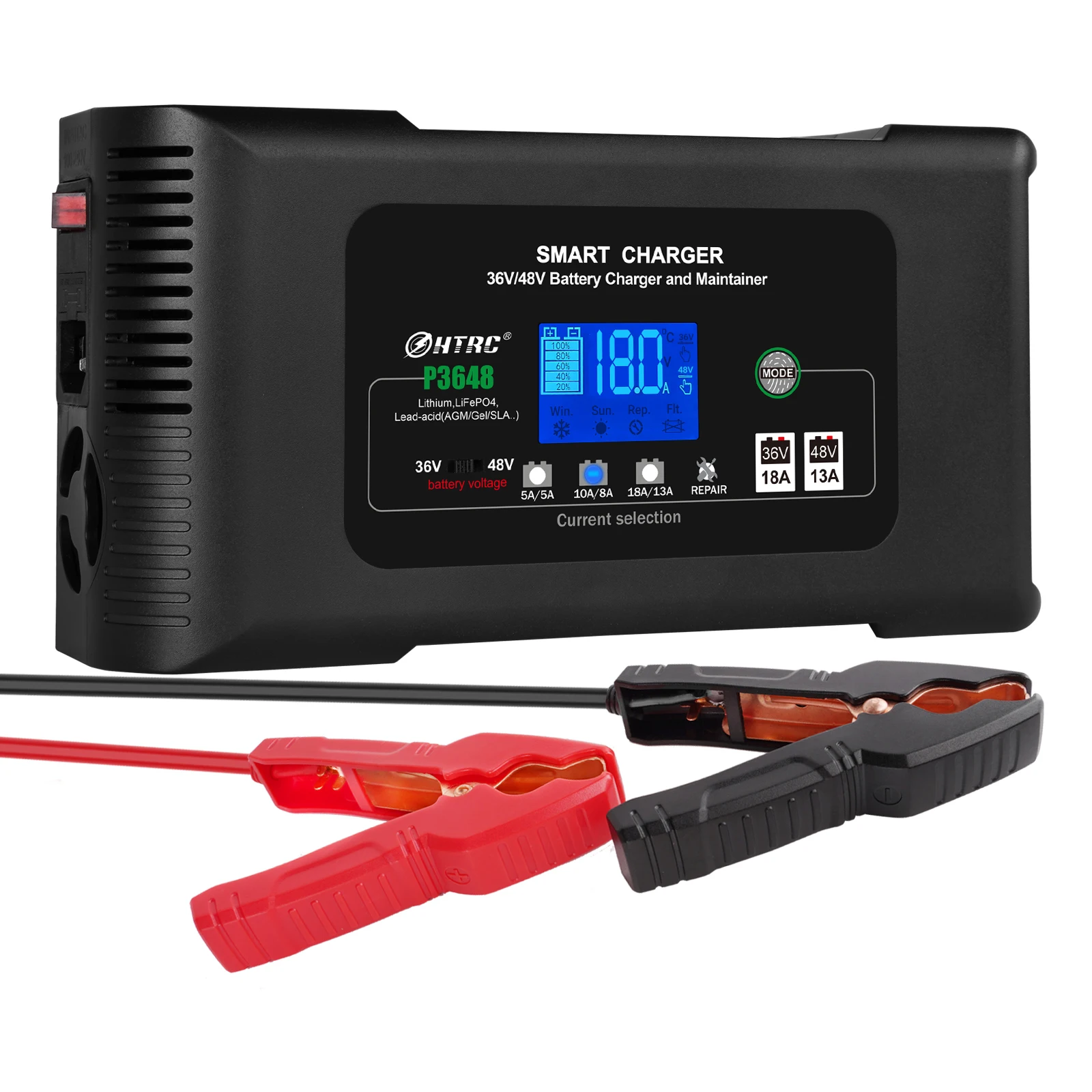 

HTRC 36V/48V Lifepo4 Battery Smart Charger 13A/18A Lithium Lead-acid Battery Repair for Golf Cart 9-Stage Fast Car Charger