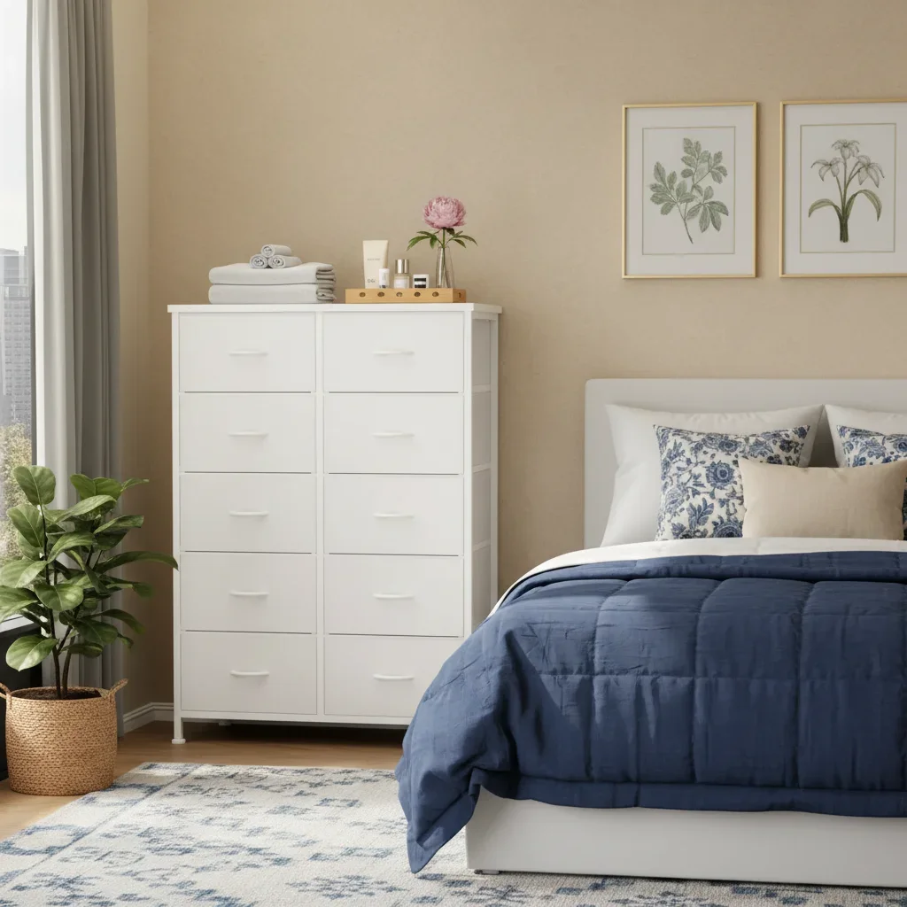 خزانة قماش ذات 8 أدراج مع سطح من الخشب الريفي، منظم خزانة عريض طويل القامة لغرفة النوم والحضانة والنوم، أبيض