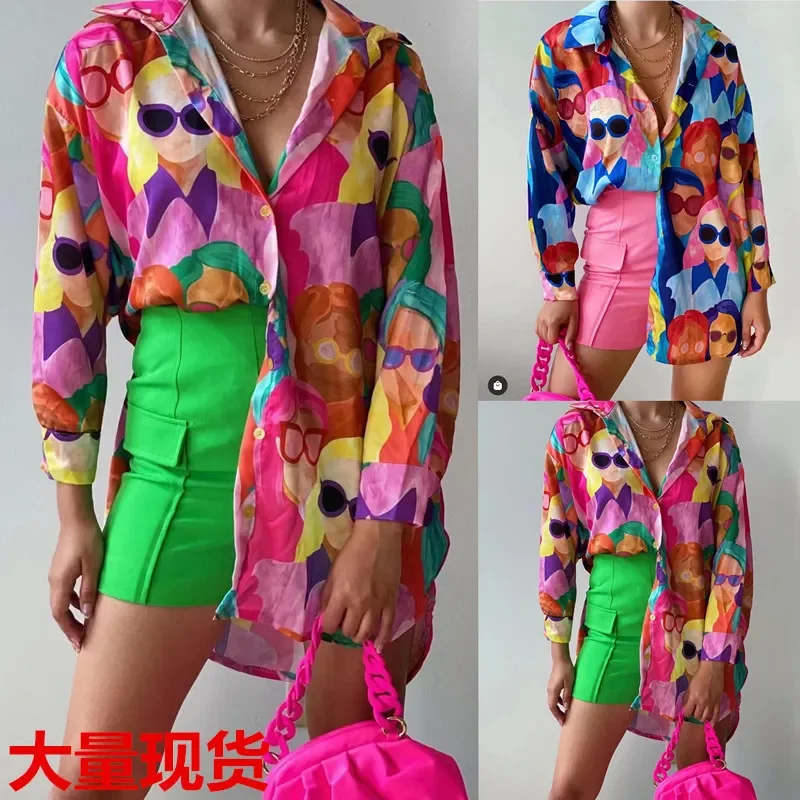 

2025 Europe, America, fashion printed medium and long top shirt, loose casual women's shirt