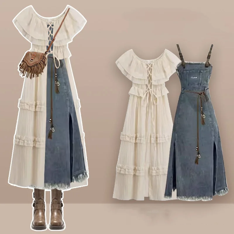 2025 Summer New Fashion Long Bandage Shirt Denim Sleeveless Dresses Two Piece Set Women Top Sling Dress Outfit Streetwear Female
