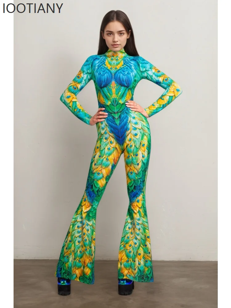 

IOOTIANY Colorful Rainbow Flared Jumpsuit Halloween Holiday Cosplay Costume Sexy Women Mermaid Performance Aerial Yoga Suit 2026