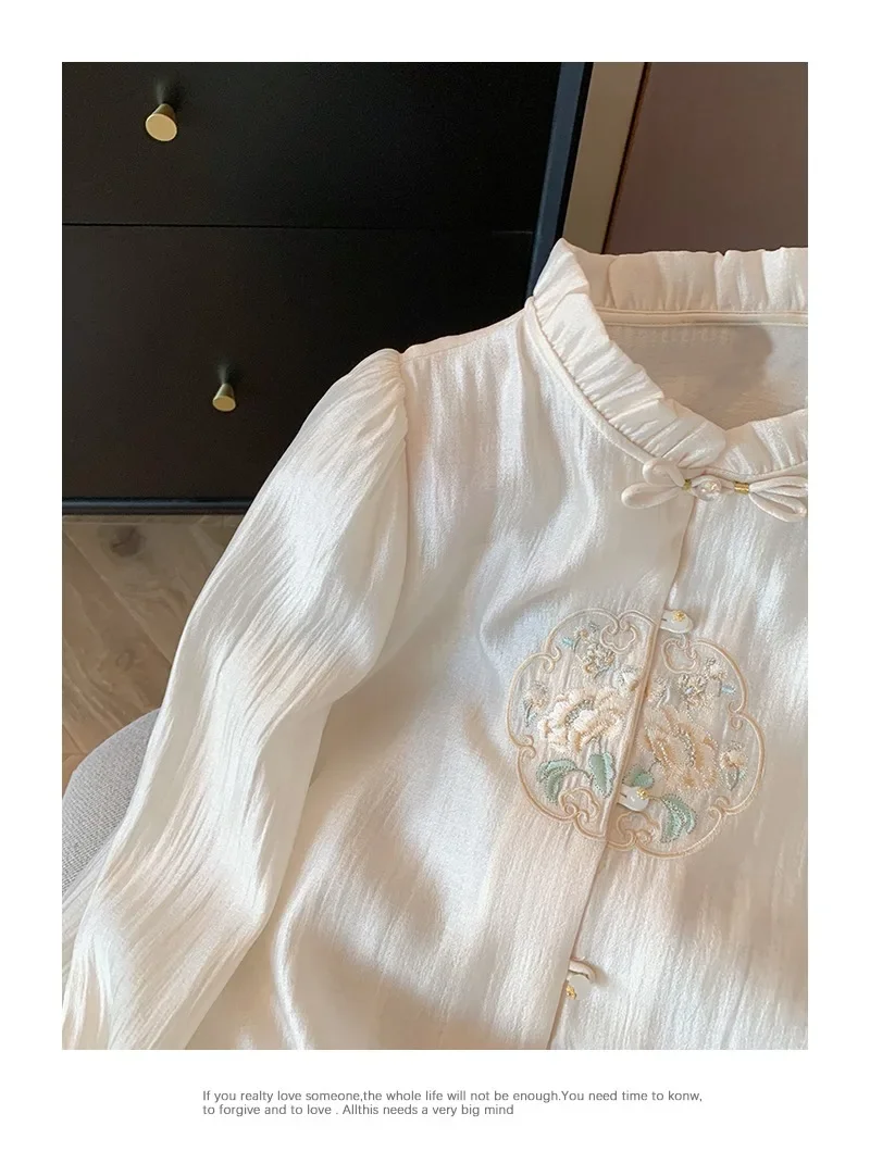 Satin Chinese Style Shirt for Women, Embroidery Vintage Blouses, Loose Long Sleeves, Silk Tops, Fashion Clothing