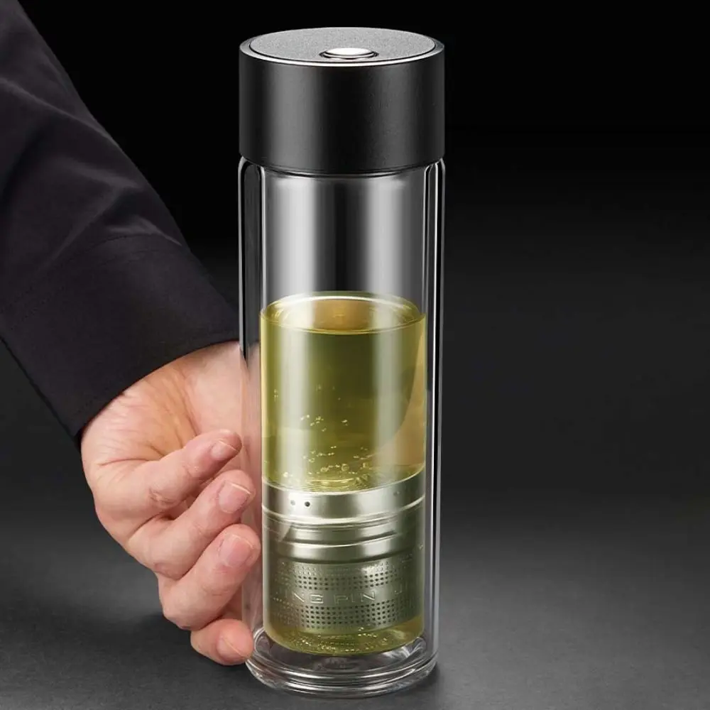 Double Wall Glass Tea Cup with Tea Infuser 500ml Magnetic Glass Tumbler Stainless Steel Filter One Click Open Tea Bottle Travel