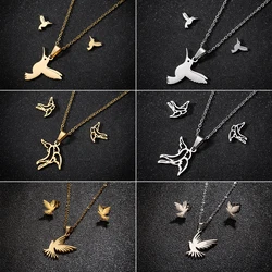 Shuangshuo Minimalist Hummingbird Pendant Necklace Earring Stainless Steel Bird Animal Jewelry Set for Women Accessories Gifts