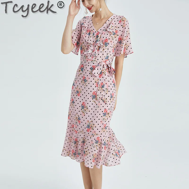 

Tcyeek 100% Real Silk Dresses 2024 Summer Dress Women Clothing Elegant and Pretty Women's Dresses Midi Dress Silm Fit Vestidos