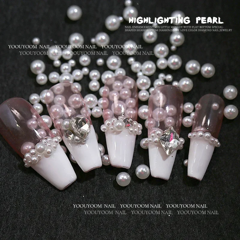 200-500pcs Pearls White Nail Beads Rhinestone Round Mixed Size Beige Round Pearls For DIY Manicure Decoration Bead