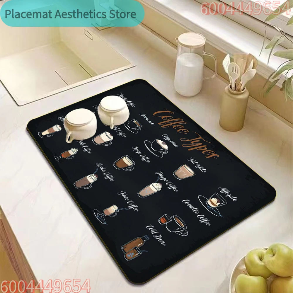 Classic Coffee Pattern Dish Drying Mat Non-slip Super Absorbent Stain-resistant Mat for Kitchen Countertop Home Coffee Bar