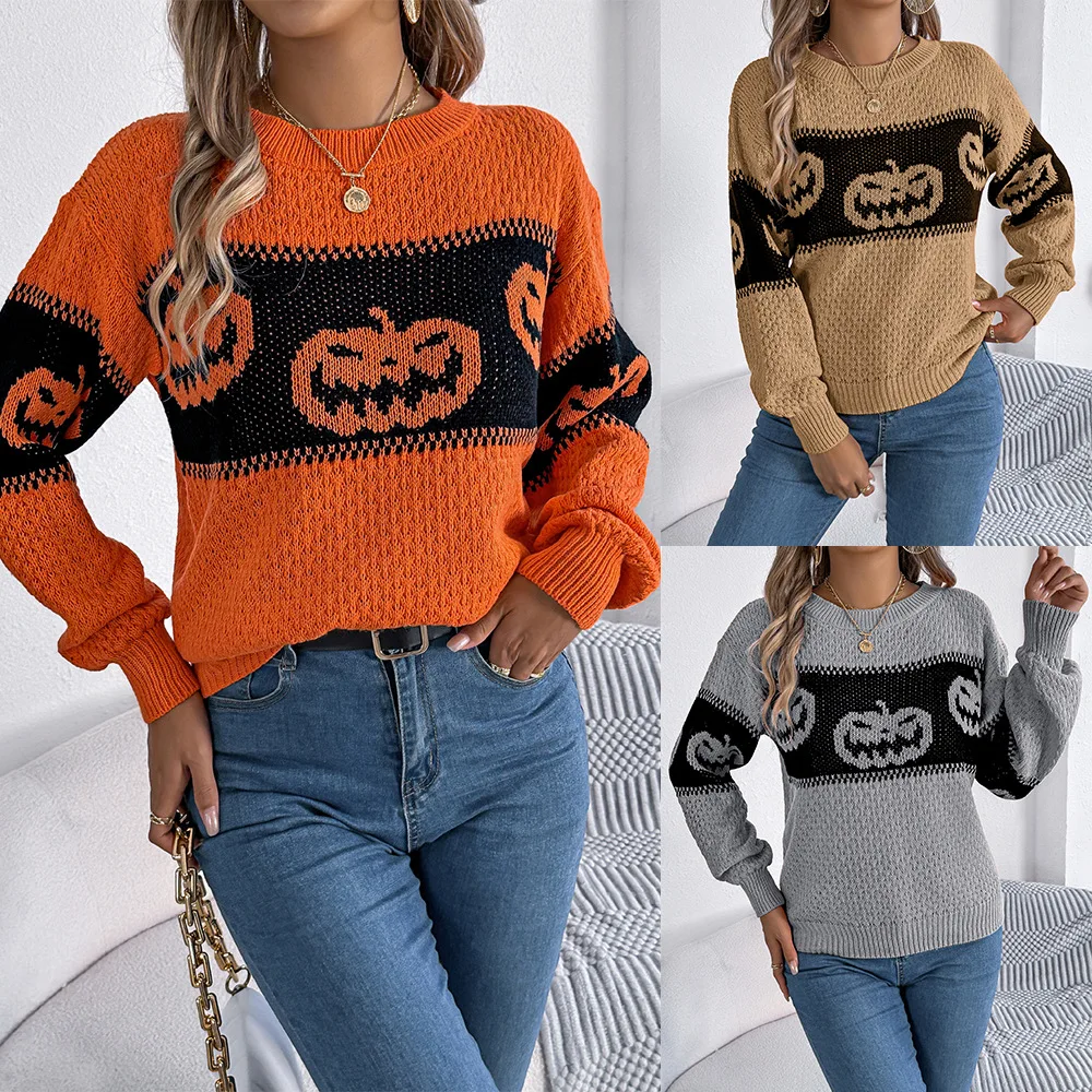

JHJN Autumn And Winter Halloween Theme Pumpkin Head Jacquard Holidays Color Blocking Long Sleeves Pullover Women's Clothing