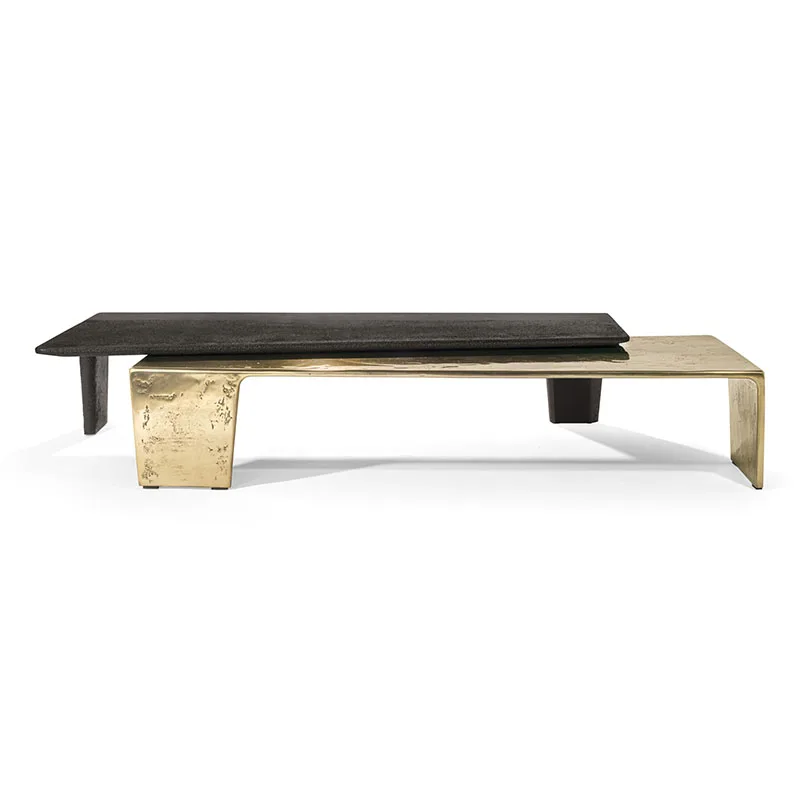 

Minimal rectangular carved coffee table, solid wood stainless steel hammer pattern heterosexual tea table