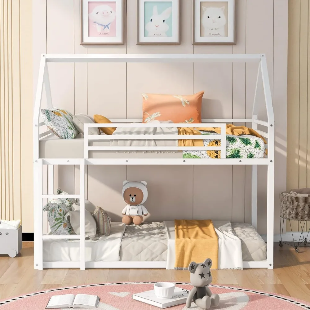 Bunk Bed Twin Over Twin Metal Floor Bunk Bed with Ladder, House Shaped Bunk Bed Frame with Metal Slats for Dormitory and Bedroom