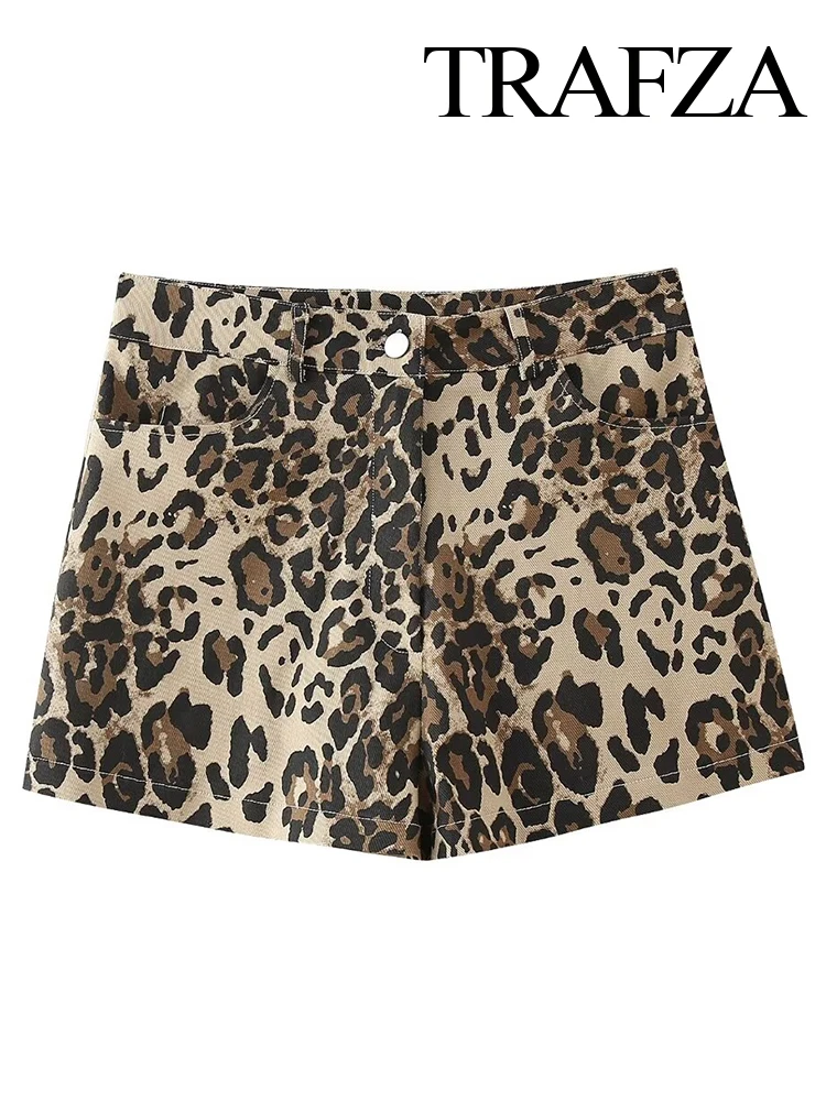 

TRAFZA Street Leopard Print Women Short Pants Fashion Button Pocket Zippers Min Female Shorts 2024 Spring Y2K Lady Outwear