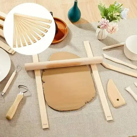 8PCS 목재 슬래브 롤링 가이드 세트 - 세라믹 및 폴리머 제작용 3mm/5mm/7mm/10mm 클레이 롤러 레일 - 라이트 베이지 코르크 Mater