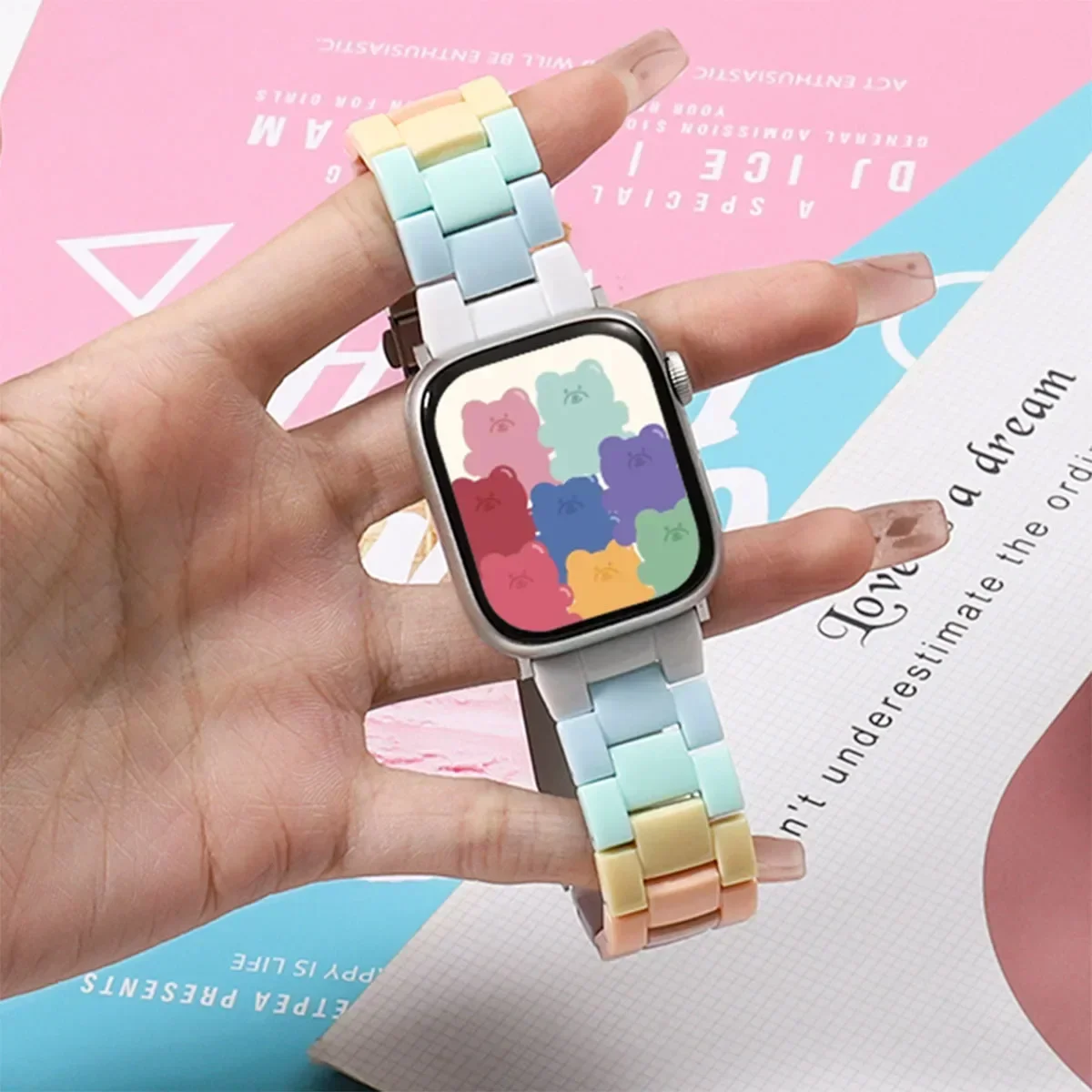 Bonbonfarbener Harzarmband für Apple Watch 49 45 44mm 42mm 41mm 40mm 38mm Kompatibel mit iWatch Series 10 9 8 7 SE 6 5 3 Ultra