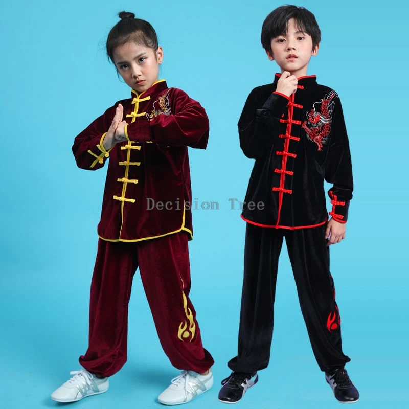 2025 chinese children martial arts performance tai chi costumes long-sleeve thickened velvet winter practice kung fu costumes