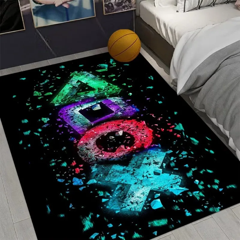 Cool Gaming Symbol Floor Mat Soft Flannel Rug Colorful Neon Game Icon Design Non Slip Carpet for Bedroom Game Room Home Decor