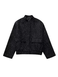 Women Shiny Sequin Jacket Y2k Gold Color Stand Collar Long Sleeve Short Coat Autumn Winter Ladies High Streetwear
