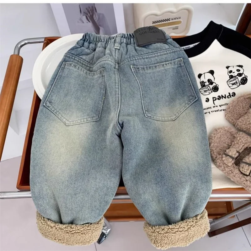 Neue kinder Fleece Jeans Jungen Mädchen Plüsch Samt Denim Hosen Neue Kinder Winter Verdickte Warme Hosen Säuglings Kleidung 2-8Y – Detail 3