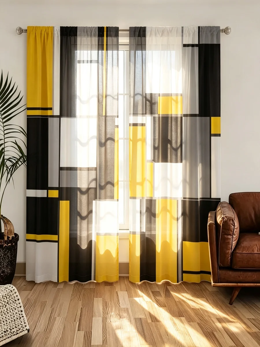 2PCS Abstract Geometric Grid Print Curtains, Yellow Black White Gray Mondrian Style Pattern Window Drapes for Modern Home Decor