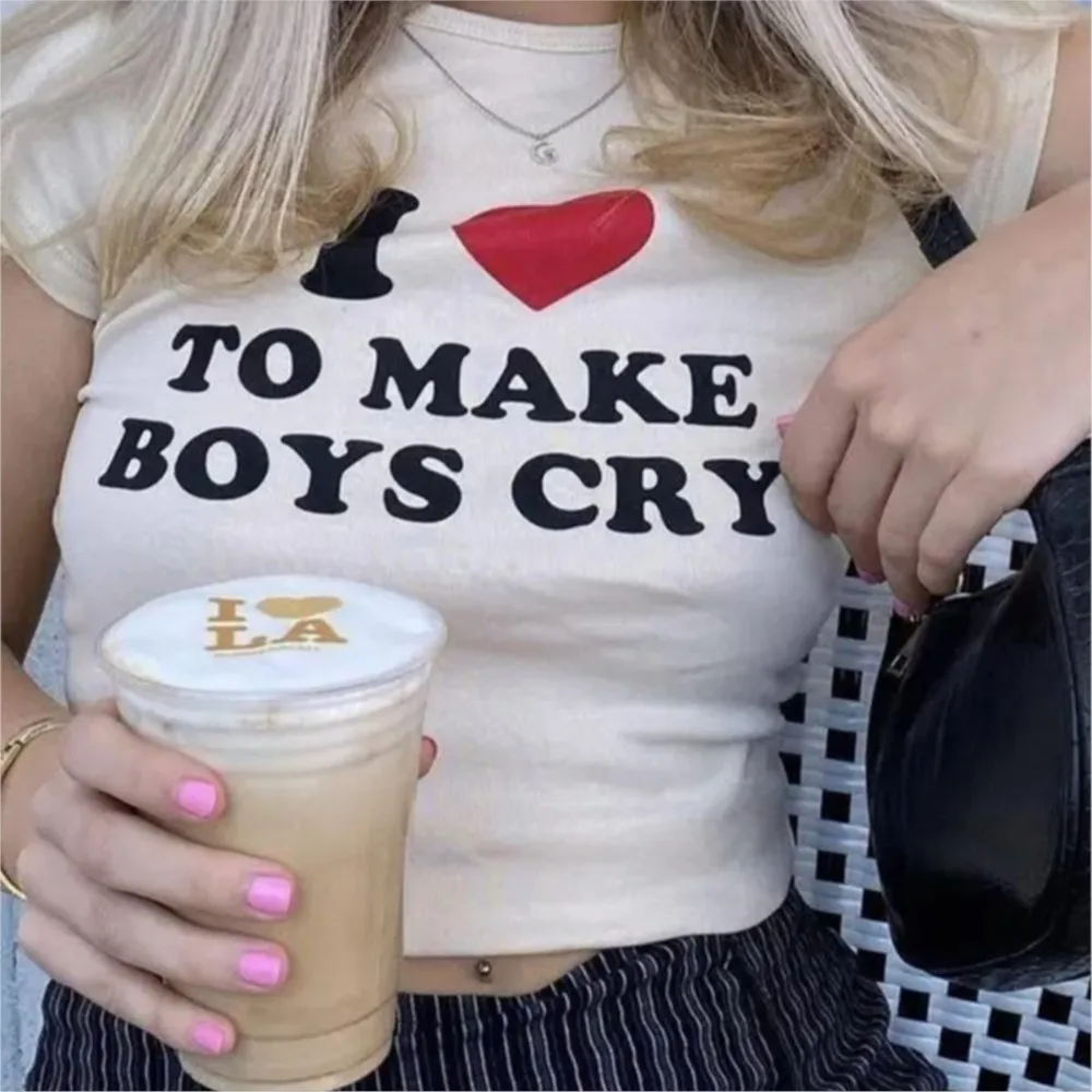 

Crop Tops I Love To Make Boy Cry Letter Print Women Y2k Harajuku Summer T-Shirt Short Sleeve Funny Kawaii Streetwear Cropped Top