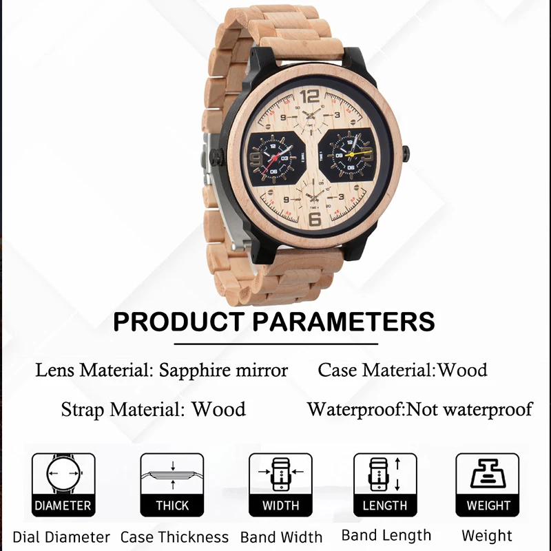 Quartz Watch Men Wooden Large Dial Dual Time Zones Luminous Wristwatch Casual Fashion Full Mood Clock 2023 New