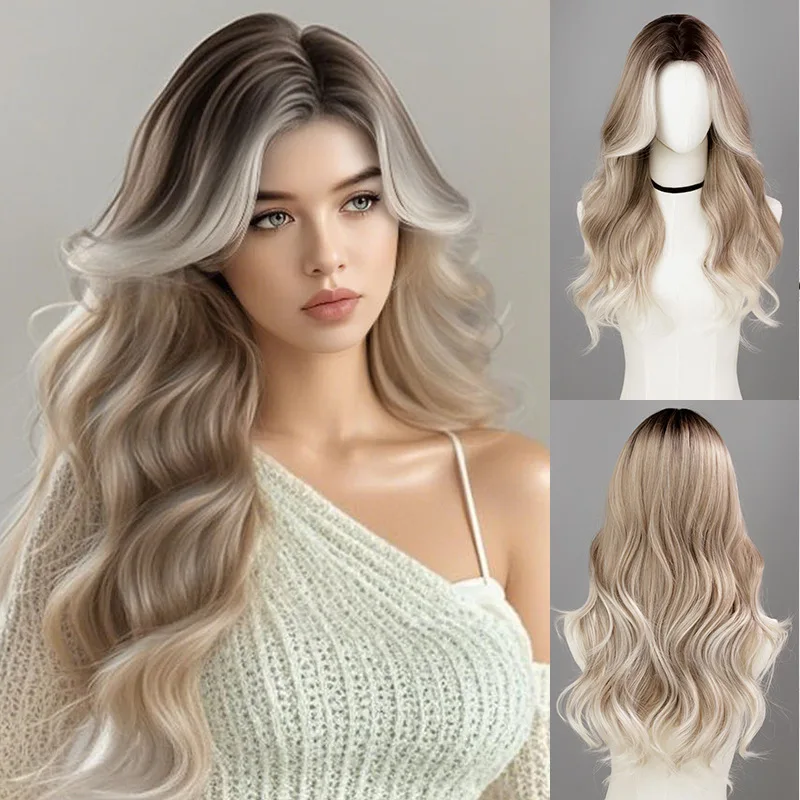 

European and American hot-selling gradual change color light blond long curly hair natural simulation headgear micro curly hair