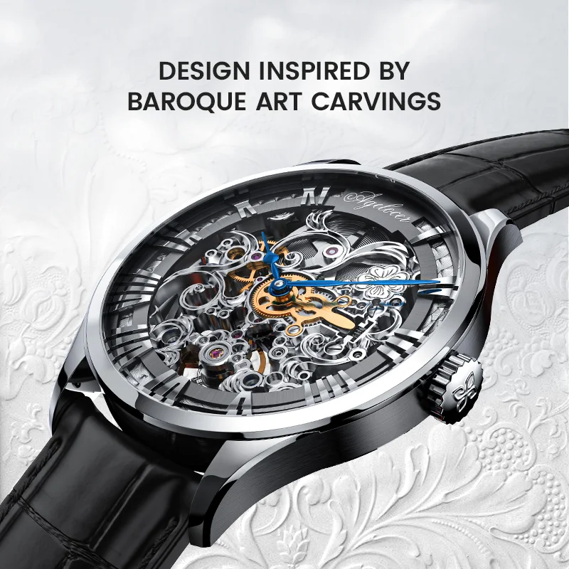 AGELOCER Original Baroque Art Carved Watch Men Luxury Business Formal Skeleton Automatic Mechanical Watch Birthday Gift for Men