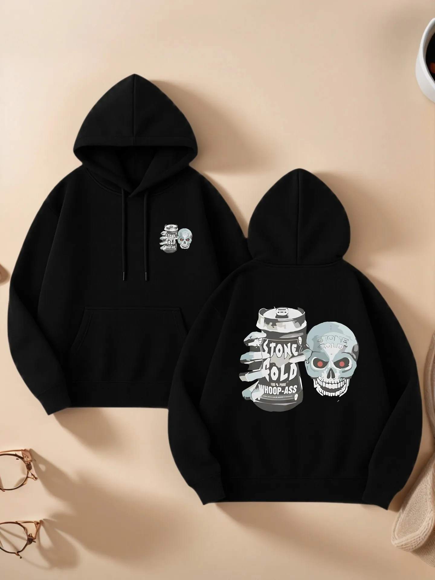 

Graphic Hoodie Women, Skull & Stone Cold Print, Streetwear Aesthetic, Fleece Fabric, Casual Everyday Wear, For Teens