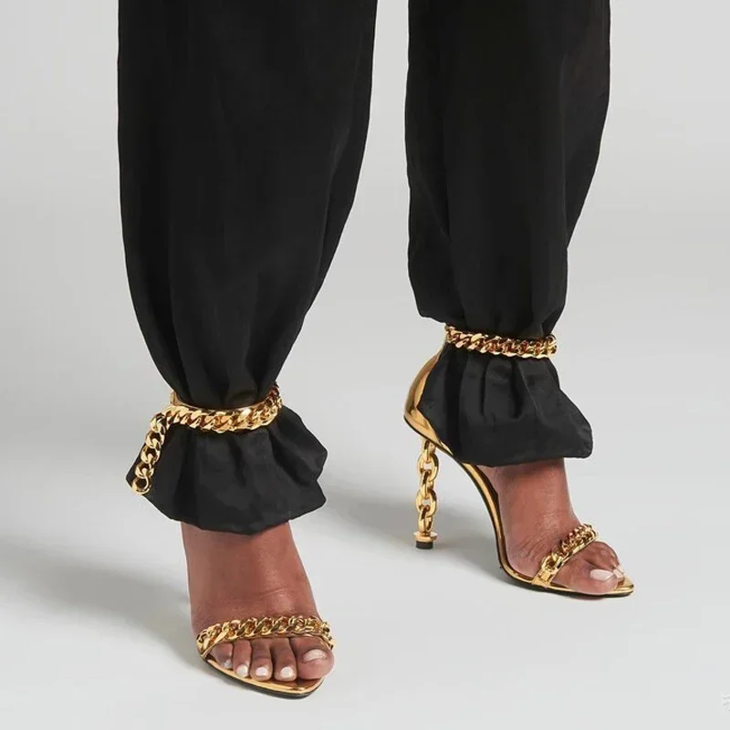 New Custom Gold Metal Heels Sandals Women Dress Stiletto Party Ankle Buckle Office Lady Shoes Open Square Toe High Alien Heel view 6