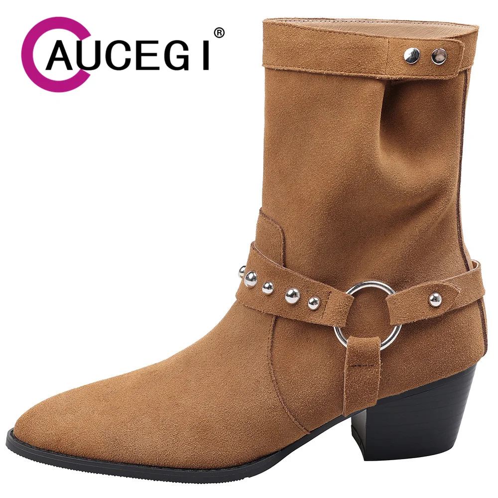 

Aucegi/2020 осенние классические женские ботильоны из коровьей замши с заклепками, простая удобная обувь без шнуровки на массивном каблуке с острым носком
