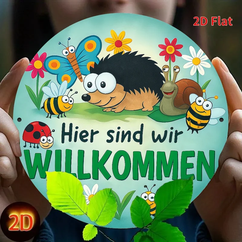 2D Flat - A 2D Flat-Printed Metal Sign Featuring a Cute Hedgehog And Garden Animals Design, with The German Phrase 'Here I Find