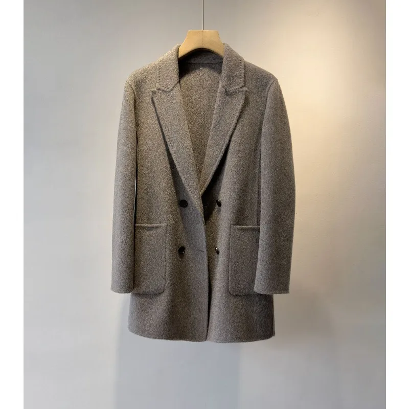 Double-breasted suit medium and long handmade double-sided woolen coat for women's autumn and winter
