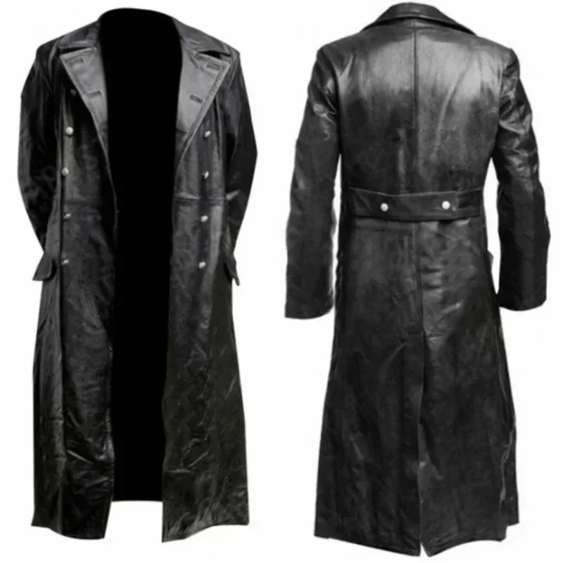 ผู้ชายเยอรมันคลาสสิก WW2 ทหาร OFFICER สีดําจริงหนัง TRENCH COAT MN3