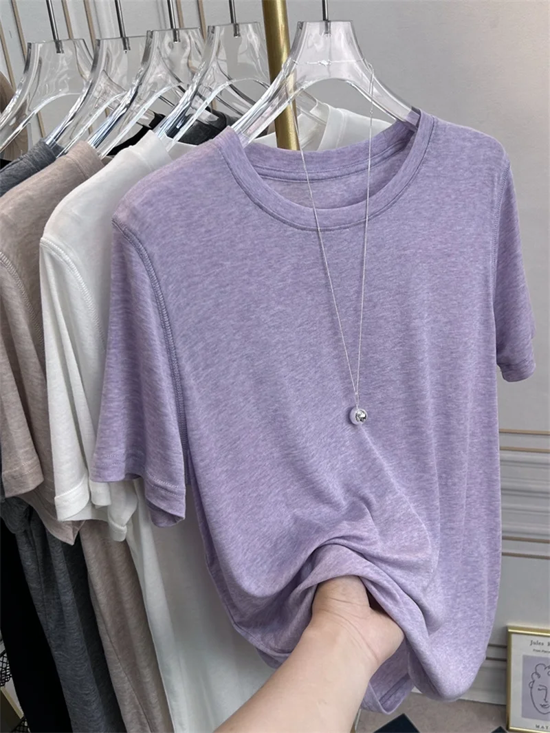 

Slimming Loose Short Sleeve T-Shirt Women's Summer New Basic Color Shoulder Appropriate Thin Cool Cotton Blend Top
