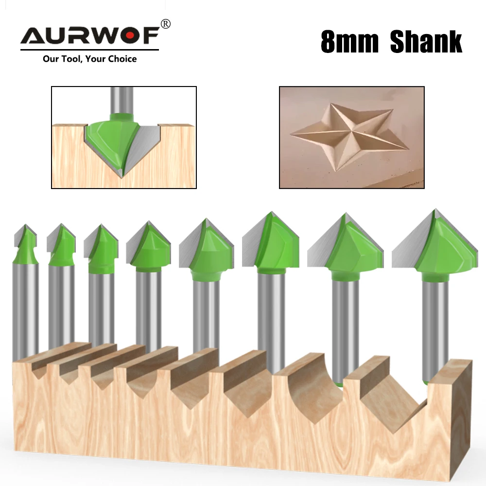 AURWOF 1pc 8mm Shank 90 Degree V Type Slotting Cutter Bit CNC Engraving Solid Router Bit Carbide Milling Cutter C0802406GN