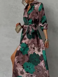 Vintage Party Dress Women Fashion Flowers Print Elegant Maxi Dresses 2024 Fall Long Sleeve Lace-up Hight Waist Shirt Dress Robe