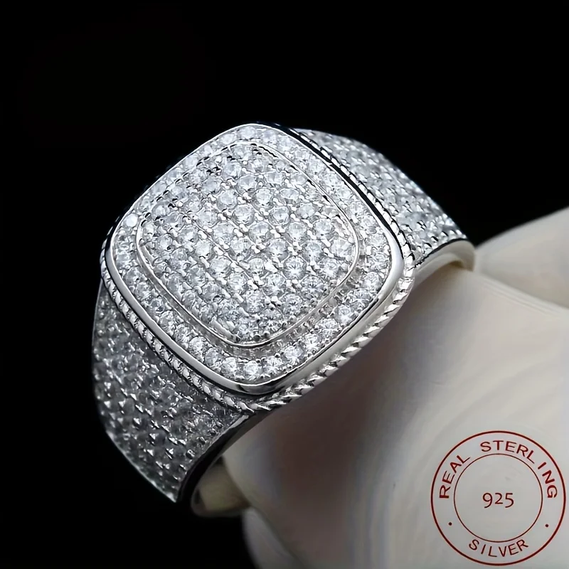

925 Sterling Silver Iced Out Bling Men’s Cluster Pinky Ring Rectangle Hip Hop Style Wedding Band Rings Male Jewelry