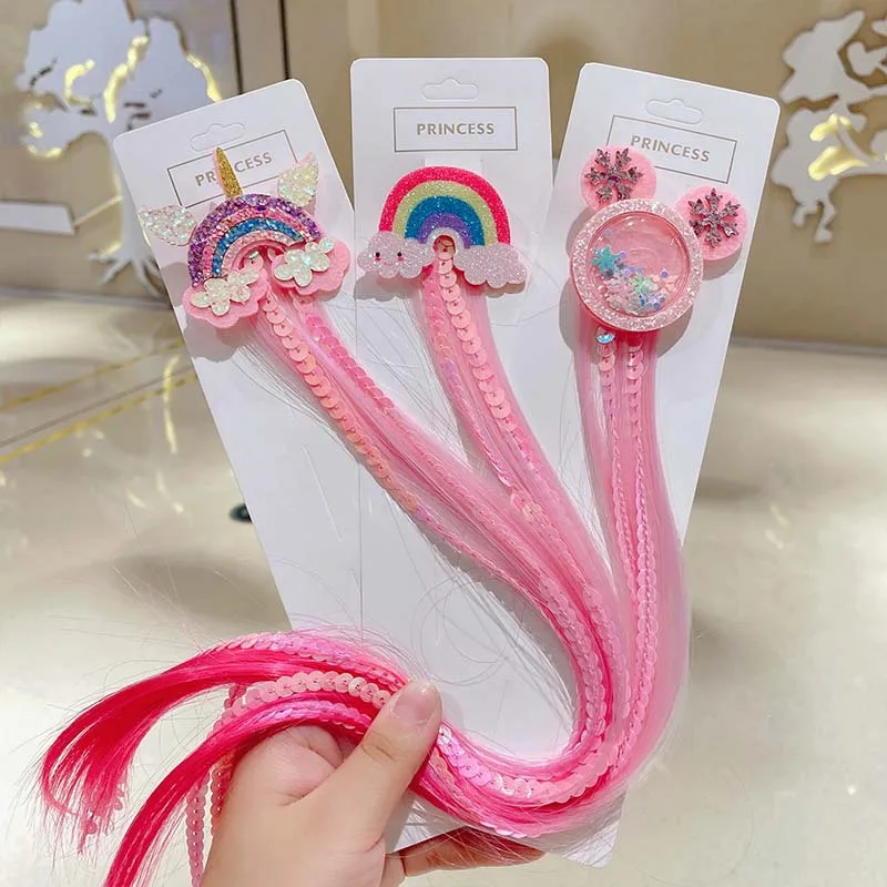 Pink Princess Children Wig Hairpins Kids Girls Hair Clip Fake Hair Twist Braider Headdress Hair Clips Barrettes Hair Accessories