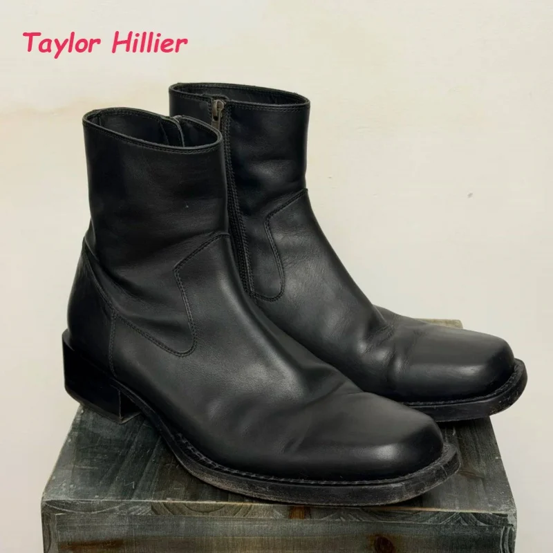 

Black Chelsea Punk Short Boots Women's Men's Chunky Platform Ankle Shoes Square Toe Side Zipper 2026 New Non-Slip Rubber Sole