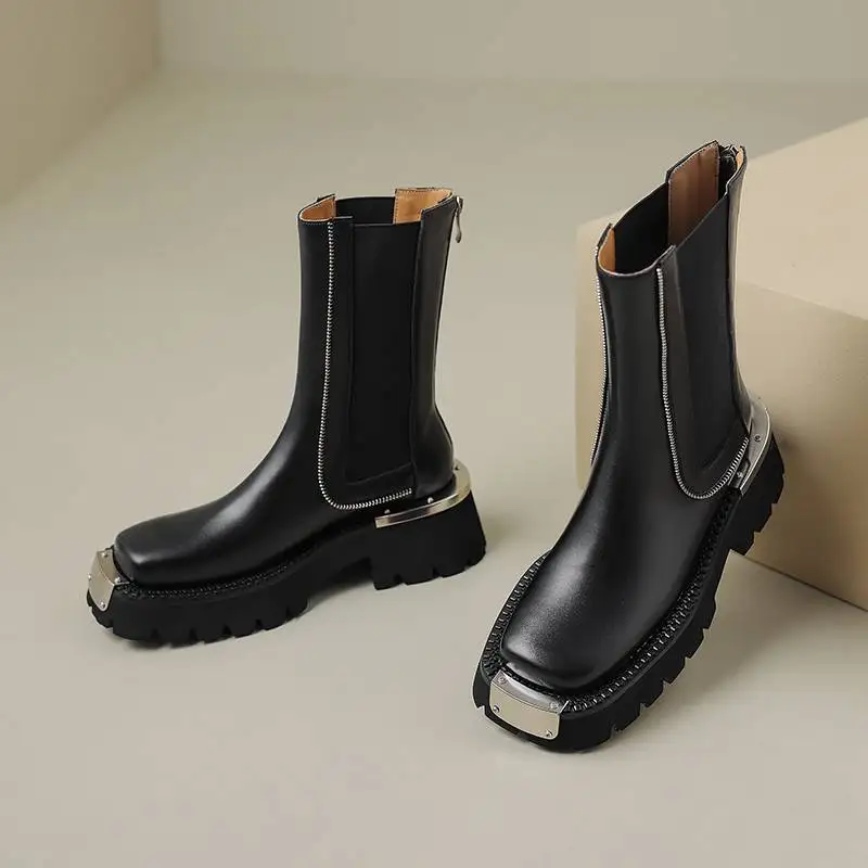 Krazing Pot 2024 Cow Leather Round Toe Thick High Heels Fashion Winter Chelsea Boots Platform Slip On Plus Size 42 Ankle Boots