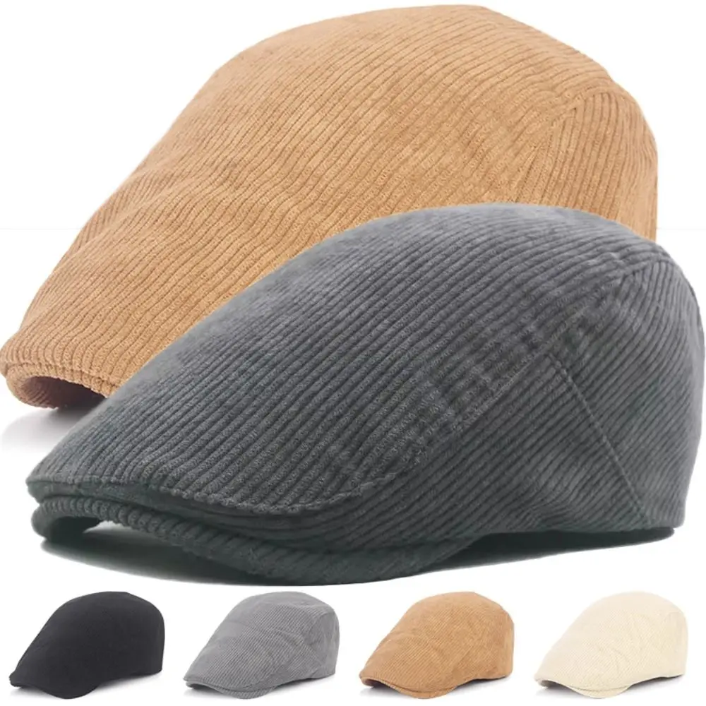 Retro Solid Color Corduroy Beret Hat Adjustable Big Size Ivy Cap Vintage Style Newsboy Cap Unisex