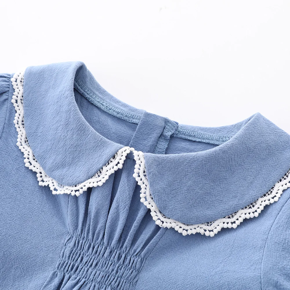 Cute Baby Girl Lace Trim Peter Pan Collar Puff Short Sleeve One Piece Blue Dress