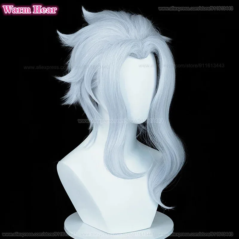 Fatui sintético médico ii dottore longo 50cm luz azul cosplay anime cabelo resistente ao calor perucas de festa de halloween cbm,.;46xgk. ;8