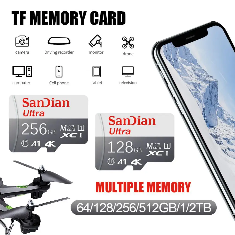 Kartu memori Micro Tf SD 2T 1T 256GB 128G, kartu Tf SD TF mikro kartu memori 32GB 64GB 128GB MiniSD untuk ponsel dan kamera