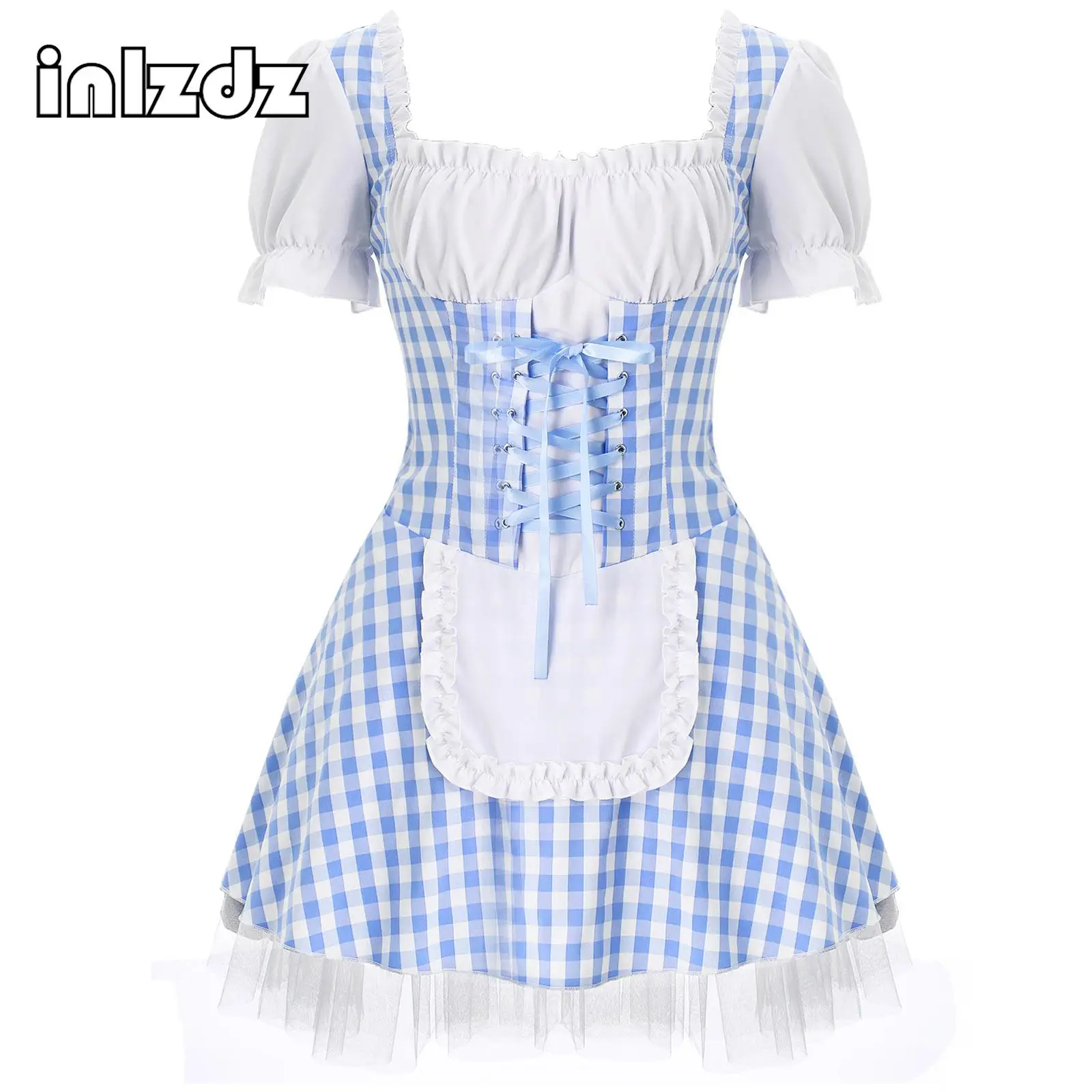 Womens Maid Outfit Halloween Anime Maid Dress Cosplay Sweet Miss Muffet Blue Stripe Lace-Up Apron Maid Costume Fancy Dress Up