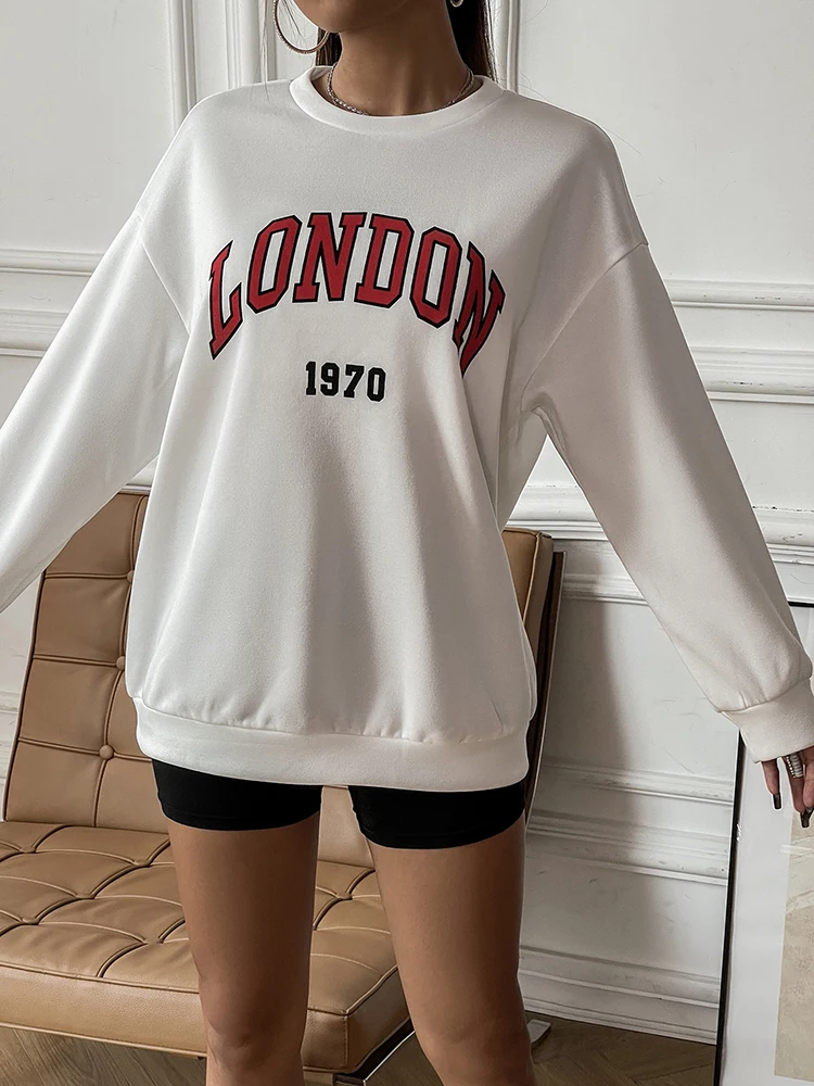 London 1970 Simple Letter Print Women Sportswear Comfortable Fleece Long Sleeves Vintage Fashion Tops All-math Soft Woman Hoodie