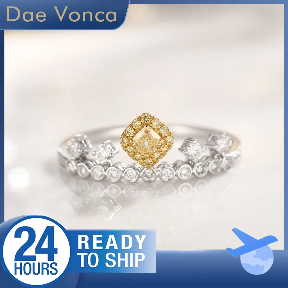 

Yellow Halo Diamond Ring In 18K White Gold Colored Diamond Crown Ring Yellow Cushion Cut Natural Diamond Ring For Women