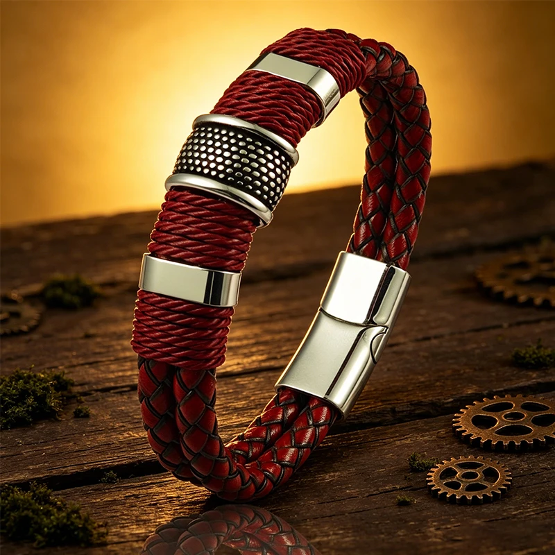 Men Bracelet High Quality Stainless Steel Red Braided Leather Wristband with Beads Magnetic Clasp Punk Jewelry Gift for Him